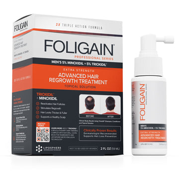 Rawatan sapuan FOLIGAIN untuk lelaki dengan 5% minoksidil dan 5% TRIOXIDIL, bersama kotak dan botol semburan.