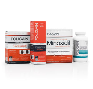 Kit penjagaan rambut FOLIGAIN untuk lelaki dengan syampu, rawatan sapuan, minoksidil dan suplemen rambut.