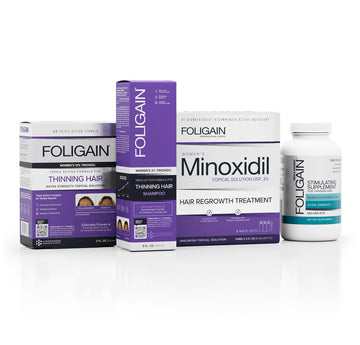 Kit penjagaan rambut FOLIGAIN untuk wanita dengan syampu, rawatan sapuan, minoksidil dan suplemen rambut.