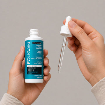 Tangan memegang botol serum FOLIGAIN 2dDR yang terbuka dan penitis kaca.