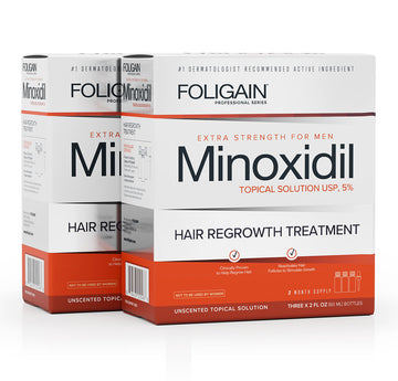 Dua kotak larutan sapuan minoksidil 5% FOLIGAIN untuk lelaki.
