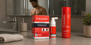 Rawatan sapuan dan syampu TRIOXIDIL FOLIGAIN untuk lelaki disusun di atas kaunter bilik mandi.