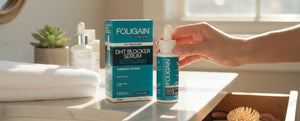 Botol dan kotak serum DHT FOLIGAIN di atas kaunter bilik mandi, dengan tangan memegang penutup penitis.
