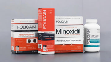 Kit penjagaan rambut FOLIGAIN untuk lelaki dengan syampu, rawatan sapuan, minoksidil dan suplemen rambut.
