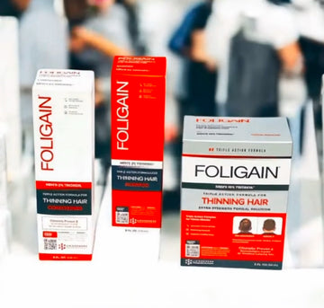 Syampu, perapi dan rawatan sapuan TRIOXIDIL FOLIGAIN untuk lelaki dalam kotak jingga dan putih.