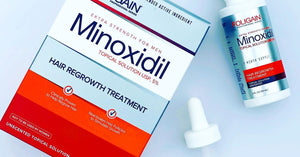 Kotak, botol dan penitis larutan sapuan minoksidil 5% FOLIGAIN untuk lelaki.