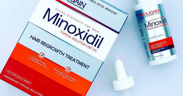 Kotak, botol dan penitis larutan sapuan minoksidil 5% FOLIGAIN untuk lelaki.