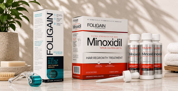 Penggelek rambut dan kulit kepala FOLIGAIN di sebelah kit minoksidil 5% dengan botol, kotak dan penitis.