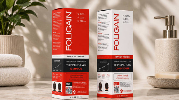 Kotak syampu dan perapi FOLIGAIN untuk lelaki dengan 2% TRIOXIDIL.