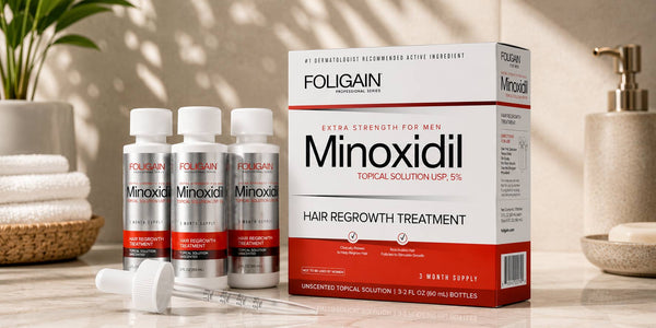 Bekalan tiga bulan minoksidil 5% FOLIGAIN dengan tiga botol, kotak dan penitis.