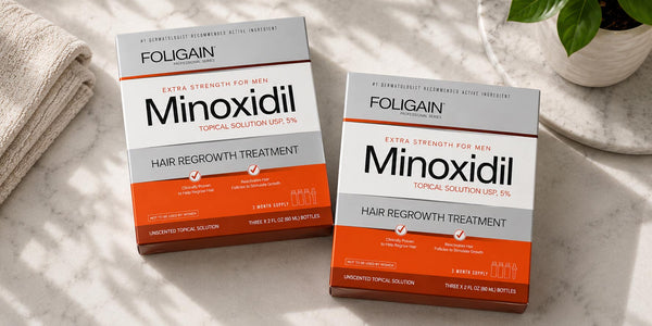 Dua kotak minoksidil 5% FOLIGAIN untuk lelaki, setiap satu mengandungi bekalan tiga bulan.
