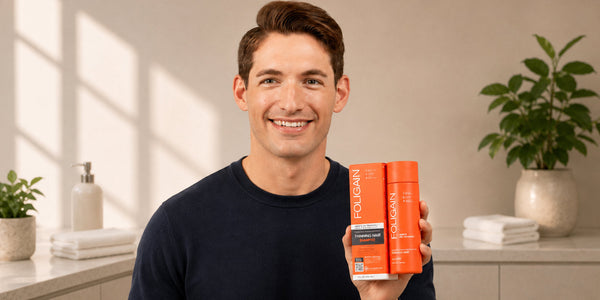 Lelaki memegang botol dan kotak syampu tiga tindakan FOLIGAIN untuk lelaki dengan 2% TRIOXIDIL.