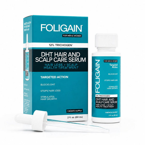 Serum penjagaan rambut dan kulit kepala DHT FOLIGAIN dengan 12% TRICHOGEN, botol 60 mL, kotak dan penitis.
